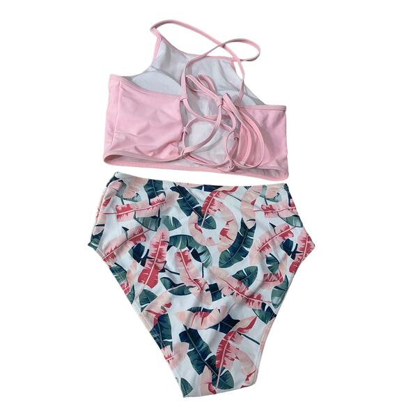 Romwe Bikini 2 pc Pink Green High Rise Size Medium Leaf Pattern - Picture 2 of 12